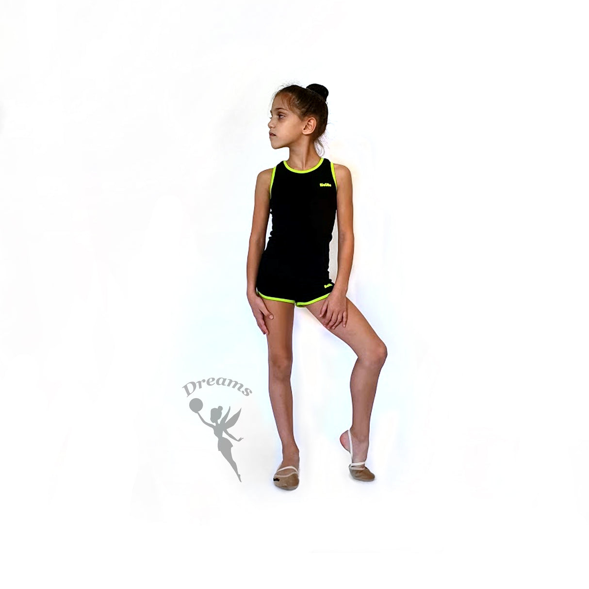 גופיה שחורה עם פס צבעוני מבד כותנה נמתח ונעים למגע, מתאימה לריקוד והתעמלות דרימס ג'ימנסטיקס