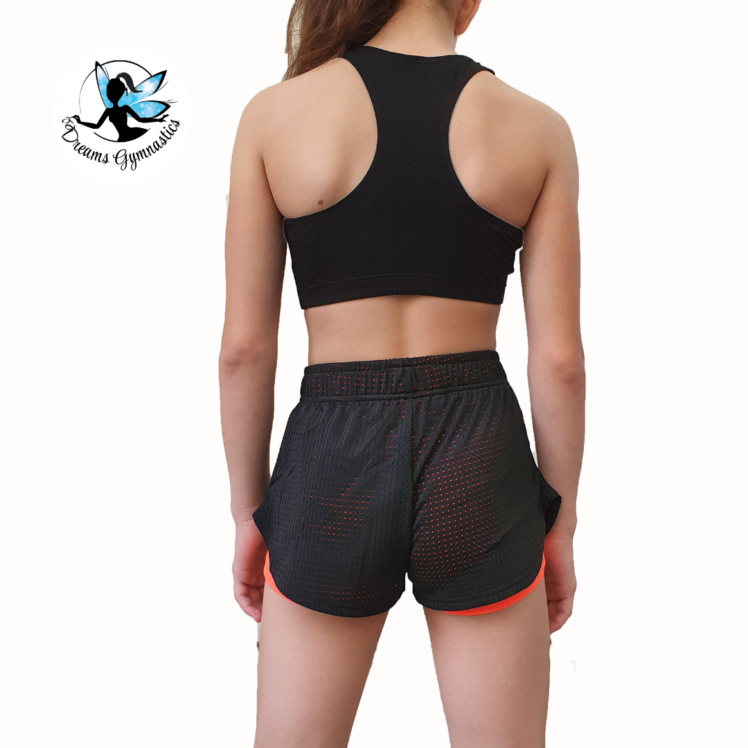 שורטים כפולים DoubleDream Net שתי שכבות עשויים מבד נושם וגמיש לנוחות ותנועה בחוגי התעמלות ואקרובטיקה כתום דרימס ג'ימנסטיקס
