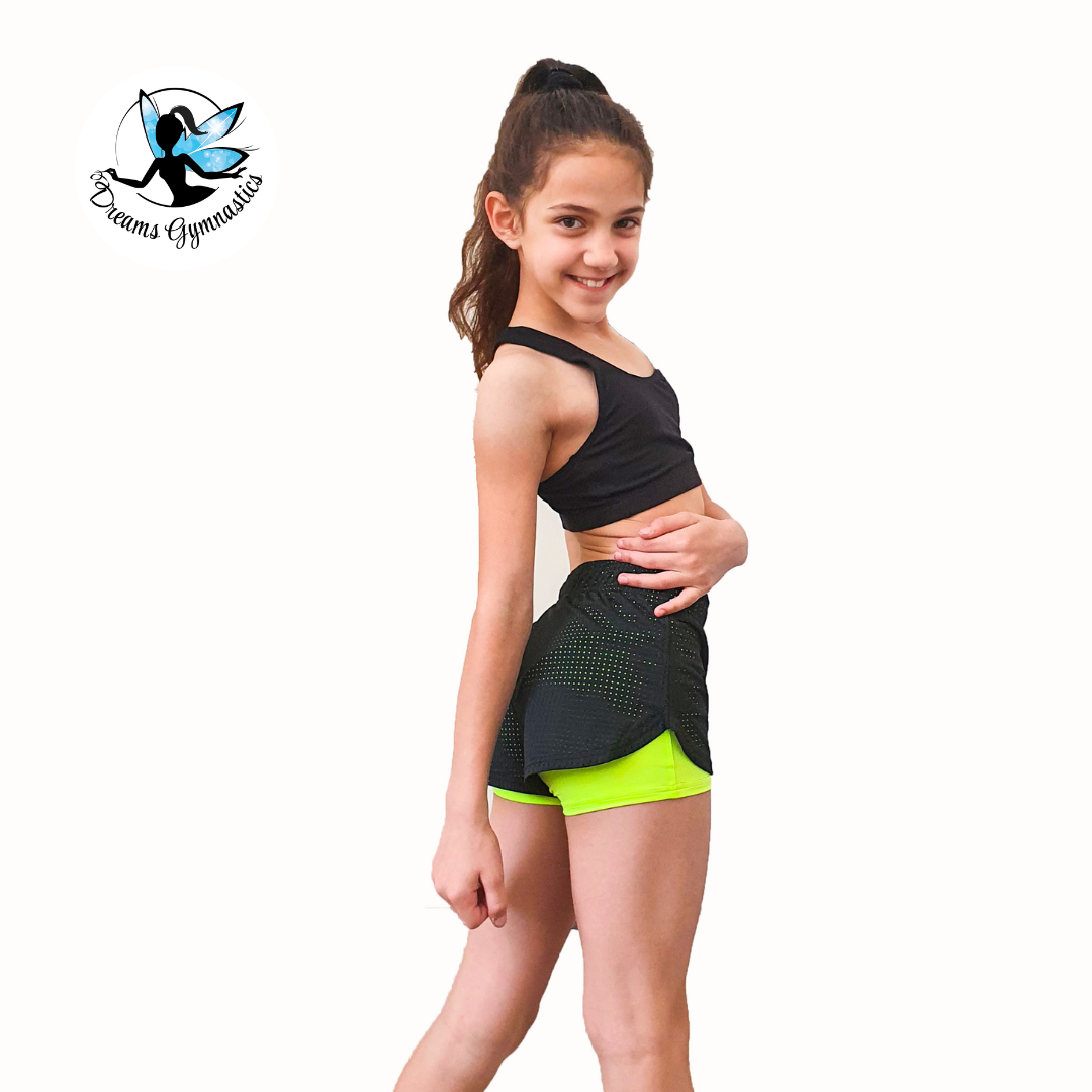 שורטים כפולים DoubleDream Net שתי שכבות עשויים מבד נושם וגמיש לנוחות ותנועה בחוגי התעמלות ואקרובטיקה צהוב דרימס ג'ימנסטיקס