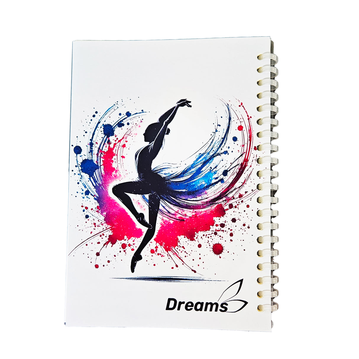 ---NEW---מחברת אימונים בעטיפת פלסטיק לבן עם איור צבעוני של רקדנית. להתעמלות, אקרובטיקה ומחול. מבית דרימס ג'ימנסטיקס