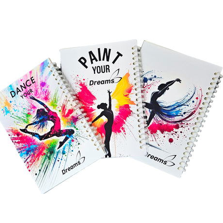 מחברת אימונים עם עיצוב צבעוני ודמויות מתעמלות בתנועה. מתנה מושלמת. להתעמלות, אקרובטיקה ומחול. מבית דרימס ג'ימנסטיקס