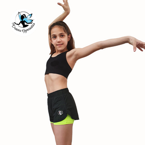 שורטים כפולים DoubleDream Net שתי שכבות עשויים מבד נושם וגמיש לנוחות ותנועה בחוגי התעמלות ואקרובטיקה צהוב דרימס ג'ימנסטיקס 