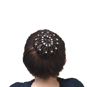 ---NEW--- רשת שיער משובצת אבנים בצבע שחור עשויה מחומר אלסטי לשמירה על תסרוקת יציבה. להתעמלות, אקרובטיקה ומחול. מבית דרימס ג'ימנסטיקס