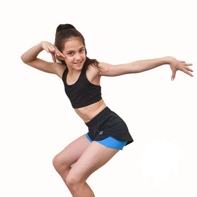 שורטים כפולים DoubleDream Net שתי שכבות עשויים מבד נושם וגמיש לנוחות ותנועה בחוגי התעמלות ואקרובטיקה כחול  דרימס ג'ימנסטיקס 