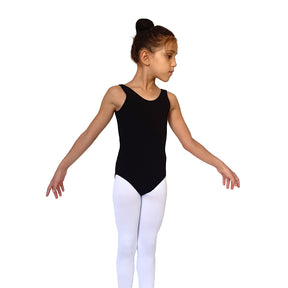 בגד גוף ללא שרוולים לייקרה בצבע שחור עשוי בד לייקרה אלסטית לנוחות ותנועה להתעמלות, אקרובטיקה ומחול. מבית דרימס ג'ימנסטיקס