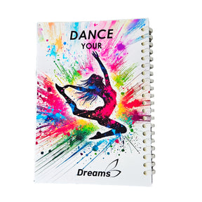 מחברת אימונים עם עיצוב צבעוני ודמויות מתעמלות בתנועה. מתנה מושלמת. להתעמלות, אקרובטיקה ומחול. מבית דרימס ג'ימנסטיקס