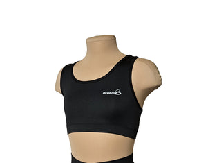  גוזיית ספורט בצבע שחור עשויה לייקרה ספורט אלסטית לנוחות ותנועה להתעמלות, אקרובטיקה ומחול. מבית דרימס ג'ימנסטיקס